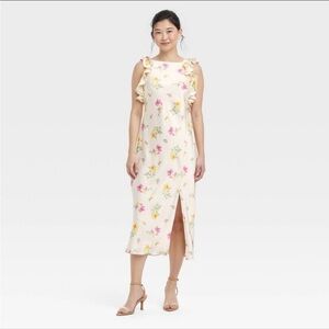 NWOT Women's Ruffle Sleeve Satin Maxi Dress - A New Day Cream Floral M